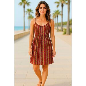 New LUCKY BRAND Dress M Tank Top Full Skirt Stretch Knit Gold Red Black Aztec